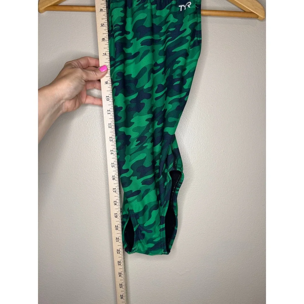TYR Girls Green Camo One Piece Swimsuit Racerback Performance Swim Size 24